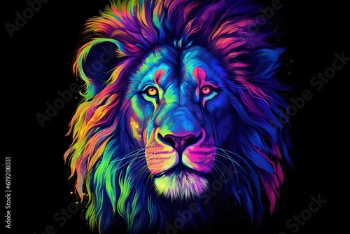 A Colorful lion painting on a black background. Created with generative AI.