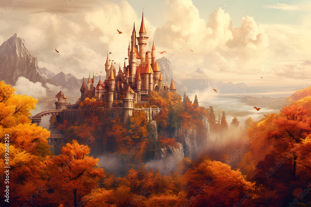 Generative AI illustrations, a castle in the middle of a lake, in the golden autumn. High quality illustration