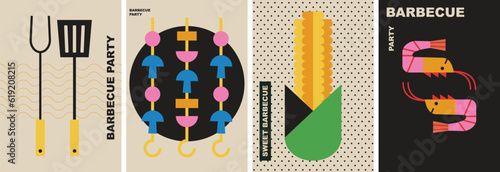 Barbecue. Simple, bbq, vector illustrations. Equipment for cooking bbq, grill, corn, shrimps. Set of illustrations for posters, cover art, flyer, banner.