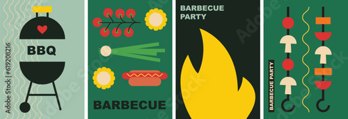 Barbecue backgrounds. Summer outdoor picnic, grill barbecue, vegetables. BBQ party set of vector illustrations.