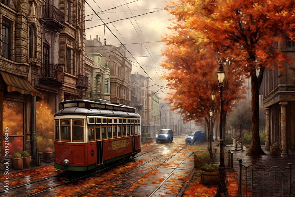 Obraz premium Generative AI illustrations, Rainy city street people silhouette. Rainy weather season Autumn leaves on window rain drops. High quality photo