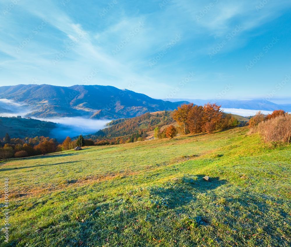 Autumn misty morning mountain hill (Carpathian Mountains, Ukraine).