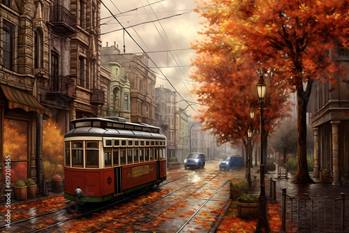 Generative AI illustrations, Rainy city street people silhouette. Rainy weather season Autumn leaves on window rain drops. High quality photo