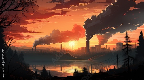 At sunset, industrial chimneys' silhouettes pollute the air with emissions. (Illustration, Generative AI)