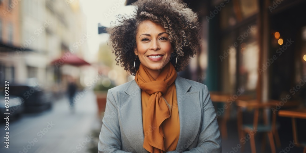 Smiling elegant attractive black mature businesswoman looking at the camera