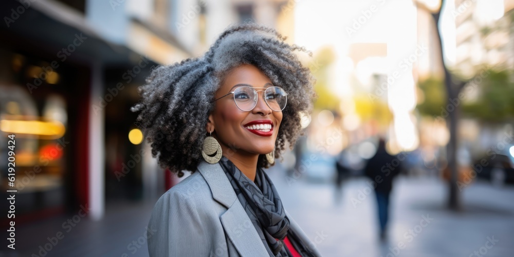Fototapeta premium Smiling elegant attractive black mature businesswoman looking away