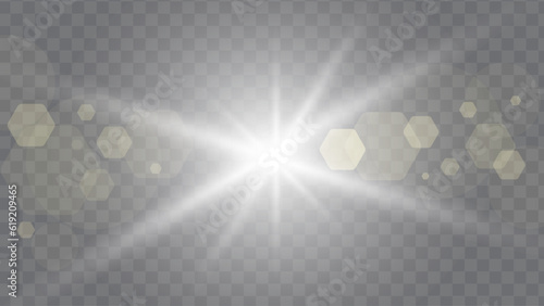 Flash light with rays and spotlight on transparent background.  Shining sun glare, vector illustration of lens flash. Vector clear sunlight, special lens flash effect. Glare 