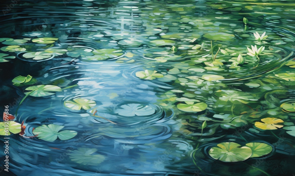 a painting of water lilies and lily pads in a pond. generative ai a painting of water lilies and lily pads in a pond. generative ai