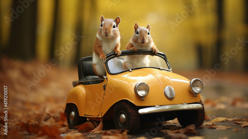 Squirrels driving with a car. Generative AI. photo