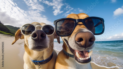 dog with sunglasses taking a selfie. Generative AI.
