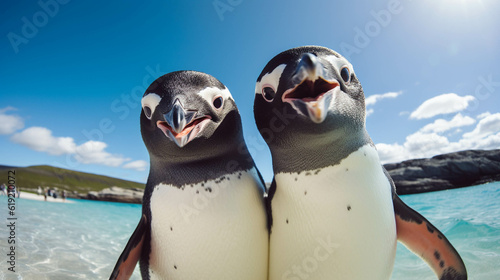 Penguin friends taking a selfie on vacation. Generative AI.