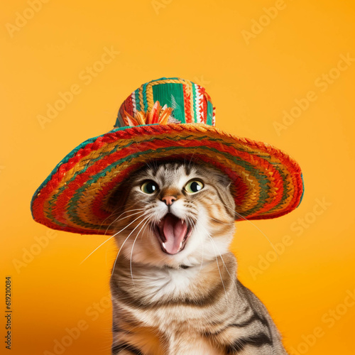 cat with a mexican sombrero party hat celebrating. isolated colorful background. Empty copy space for text. Generative AI. photo