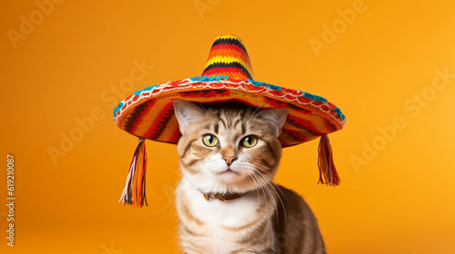 cat with a mexican sombrero party hat celebrating. isolated colorful background. Empty copy space for text. Generative AI.