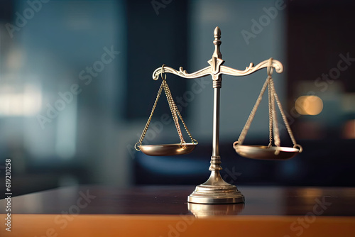 Fototapet Law scale justice symbol on the blurred background