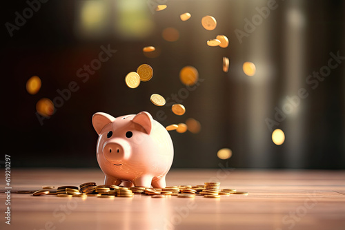 Piggy bank with falling coins on blurred background. Generative AI