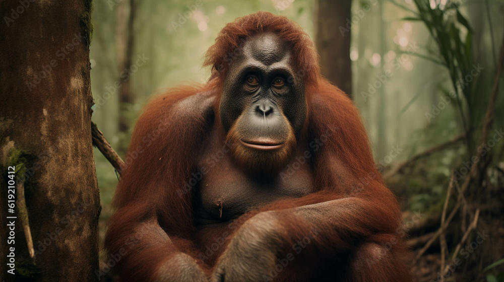 Orangutan is sad and begging not to deforest their home and trees. Generative AI