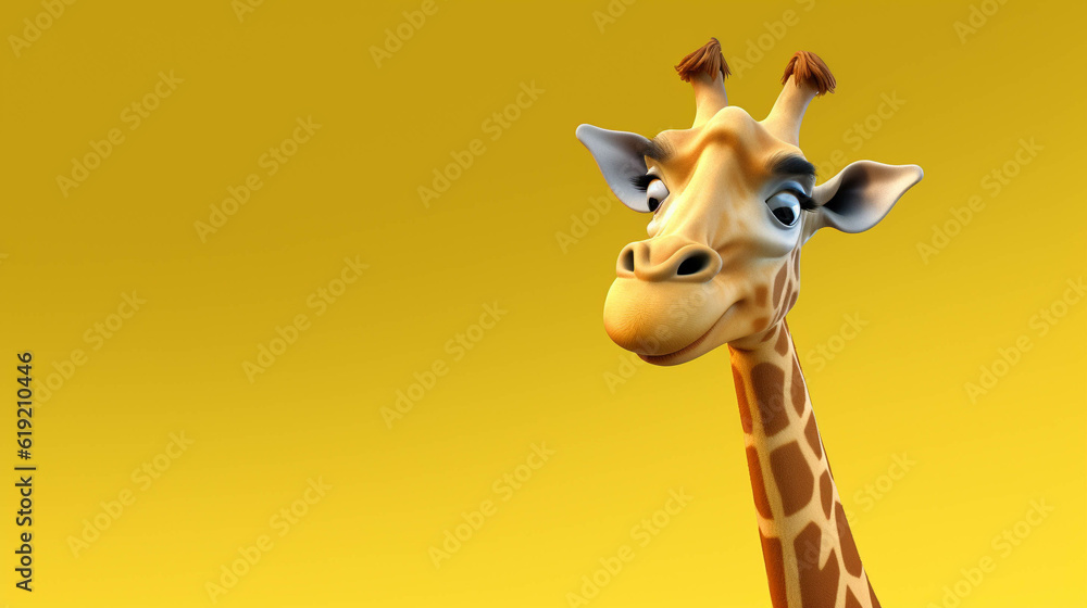 Fototapeta premium Giraffe Looking at the Camera. Solid color background with empty space for text. Web Banner template. Generative AI