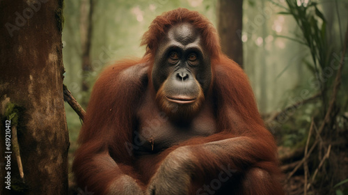 Orangutan is sad and begging not to deforest their home and trees. Generative AI © s1llu