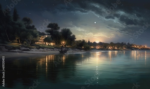  a painting of a beach at night with a boat in the water. generative ai