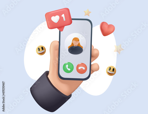 3D Video call concept. Video call with loved one. Male hand holding smartphone with girlfriend on screen. Finger touch screen. Vector 3D cartoon illustration for web sites and banners design