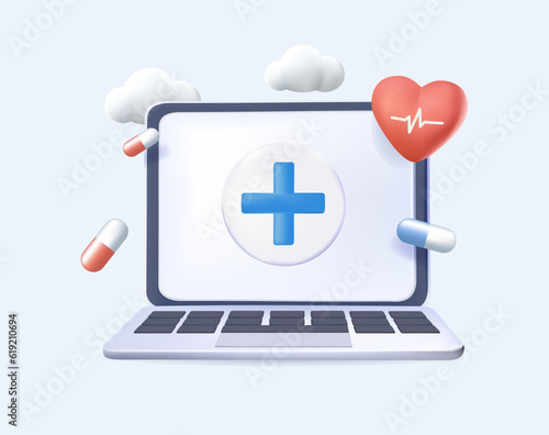 Different medical staff and laptop. Healthcare concept. Medical checkup, online clinic. 3D render vector illustration
