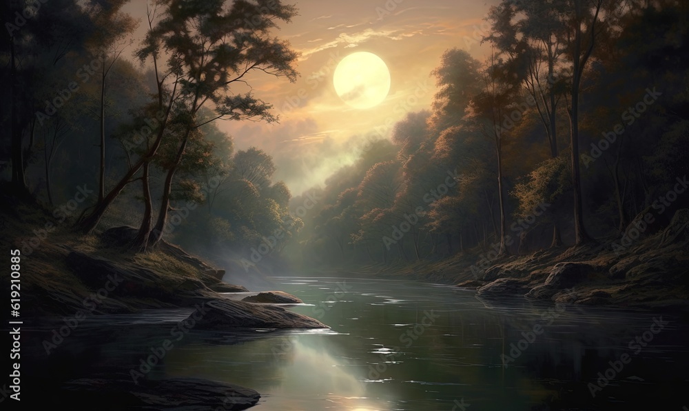 a painting of a river in a forest with a sun setting. generative ai a painting of a river in a forest with a sun setting. generative ai