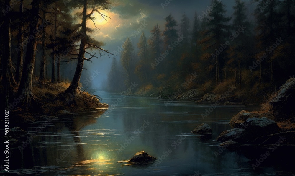  a painting of a river in a forest with a full moon.  generative ai