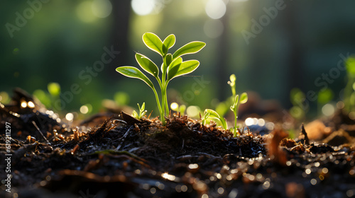 Plant growth is set against a green  blurry backdrop. sprouting from seed and developing into a seedling  Generative Ai.