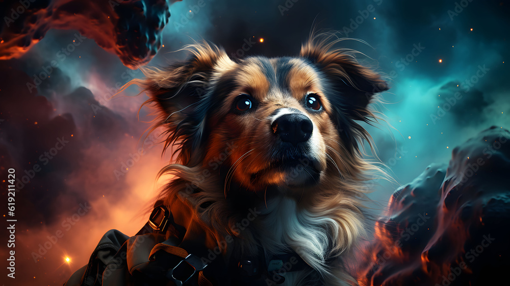 Portrait of dog astronaut with colorful nebula in cosmos in the background, Generative Ai.