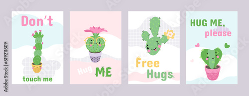Hug me cards. Free hugs, sweet cactus characters love printable posters. Funny cacti covers design, cartoon plants and text, nowaday vector banners