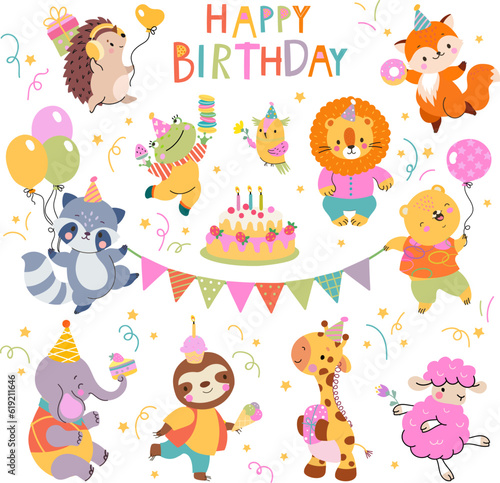 Birthday party animals. Woodland animal with cake and balloons. Cute wild animal for children festive decorations. Funny adorable nowaday vector clipart