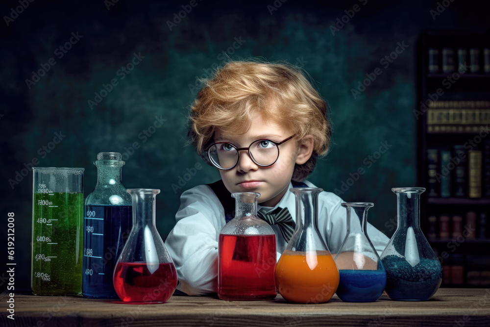 Schoolboy experimenting with the reagents in laboratory. Chemical experiments. Generative AI Schoolboy experimenting with the reagents in laboratory. Chemical experiments. Generative AI