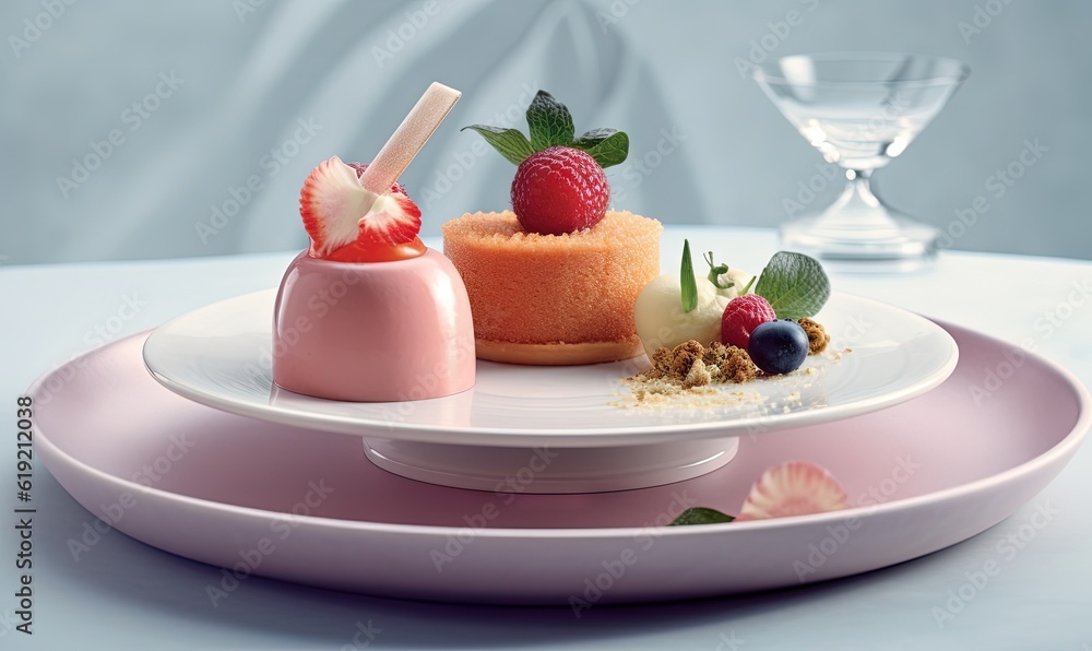 a plate with a dessert and a glass of water on it. generative ai a plate with a dessert and a glass of water on it. generative ai
