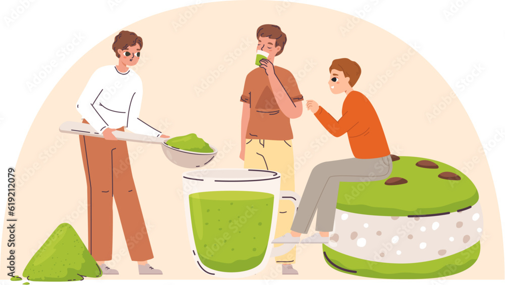 Boys doing matcha tea and desserts. Teenagers modern party, healthy lifestyle guys. Young adults drinking and eating, cartoon vector scene Boys doing matcha tea and desserts. Teenagers modern party, healthy lifestyle guys. Young adults drinking and eating, cartoon vector scene