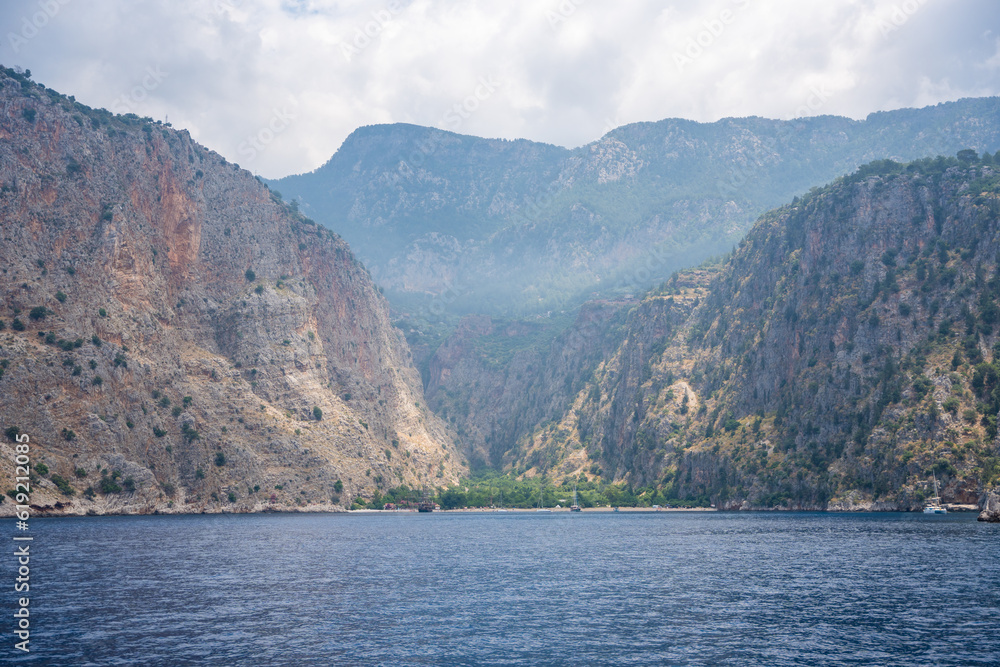 View from water of Butterfly Valley in Oludeniz Fethiye in the morning, Turkey View from water of Butterfly Valley in Oludeniz Fethiye in the morning, Turkey