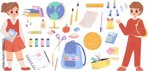 School education stationery. Books stack, paint brush and calculator. Study tools objects and funny pupil. Little students and backpack, snugly vector set