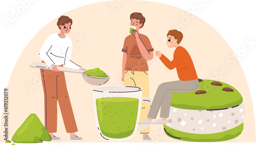 Boys doing matcha tea and desserts. Teenagers modern party, healthy lifestyle guys. Young adults drinking and eating, cartoon vector scene