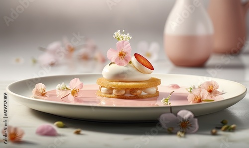  a plate with a dessert on it with flowers around it. generative ai