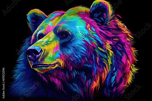 A Colorful bear painting on a black background. Created with generative AI.
