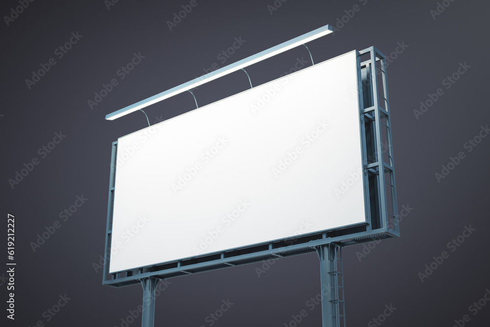 Fototapeta premium Blank white horizontal billboard isolated on dark background, perspective view. Mockup, 3D Rendering