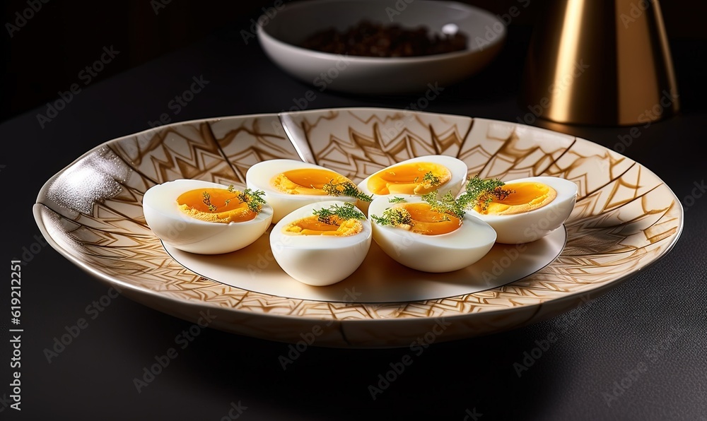  a plate of hard boiled eggs with a garnish of herbs.  generative ai