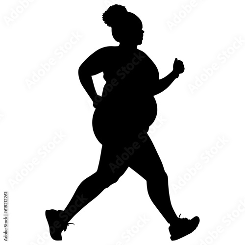 Vector illustration. Silhouette of a full woman runner. Engagement in sports. Slimming. Feminism. © Козич Денис