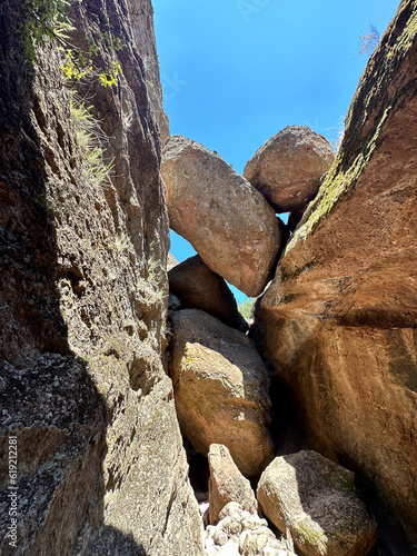 Stack or pile of rocks and boulders at Pinnacles National Park in California  photo