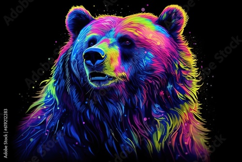 A Colorful bear painting on a black background. Created with generative AI.