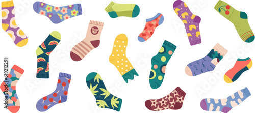 Creative stylish socks, child sock design. Cotton and wool winter accessories, fashion adults and children foot apparel decent vector clipart