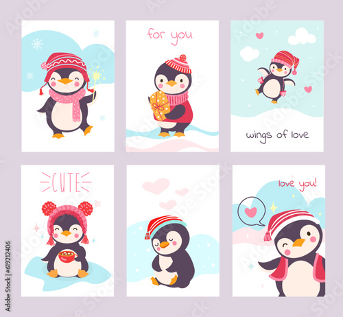 Winter greeting printable cards with cute cartoon penguins. Children funny penguin characters, decorative nowaday vector covers templates