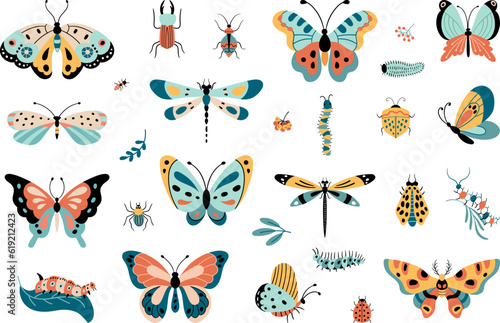 Isolated insects, butterfly and caterpillars. Beetle garden, funny decorative butterflies. Nature wildlife elements, bug nowaday vector clipart