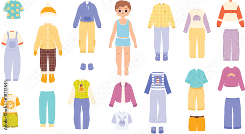 Fashion boy and clothes. Children cut game dress-up doll, fashion male kids outfits. Winter summer kid sweater and shoes, snugly cartoon vector elements
