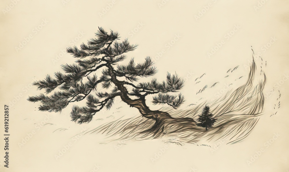  a drawing of a pine tree on a snowy mountain side.  generative ai