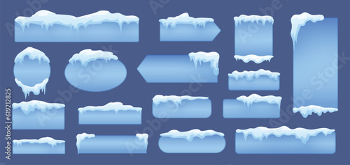 Snow caps banners, snowy icicle cap decorations. Winter banner with ice, decorative frozen graphic elements. Snugly christmas vector design